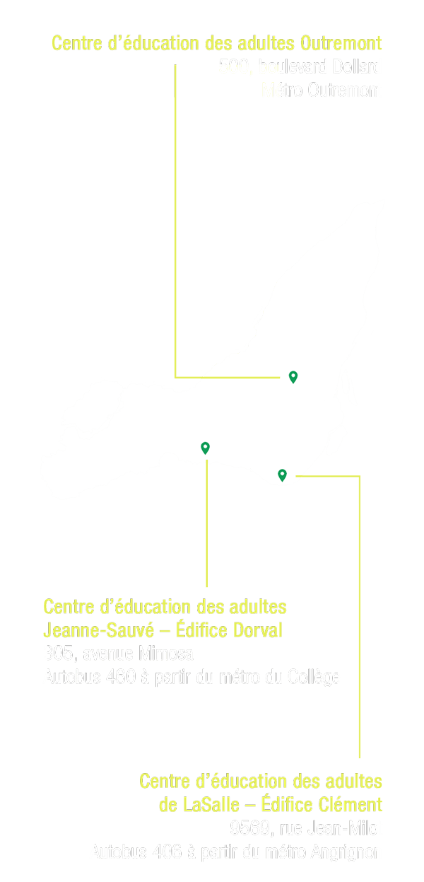 Carte des centres de la CSMB offrant la formation de groupe CADRE sur l'Île de Montréal